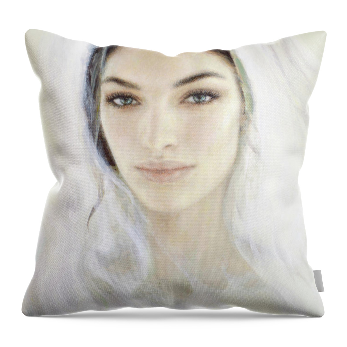 Our Throw Pillow featuring the painting The Face of Mary by Cameron Smith