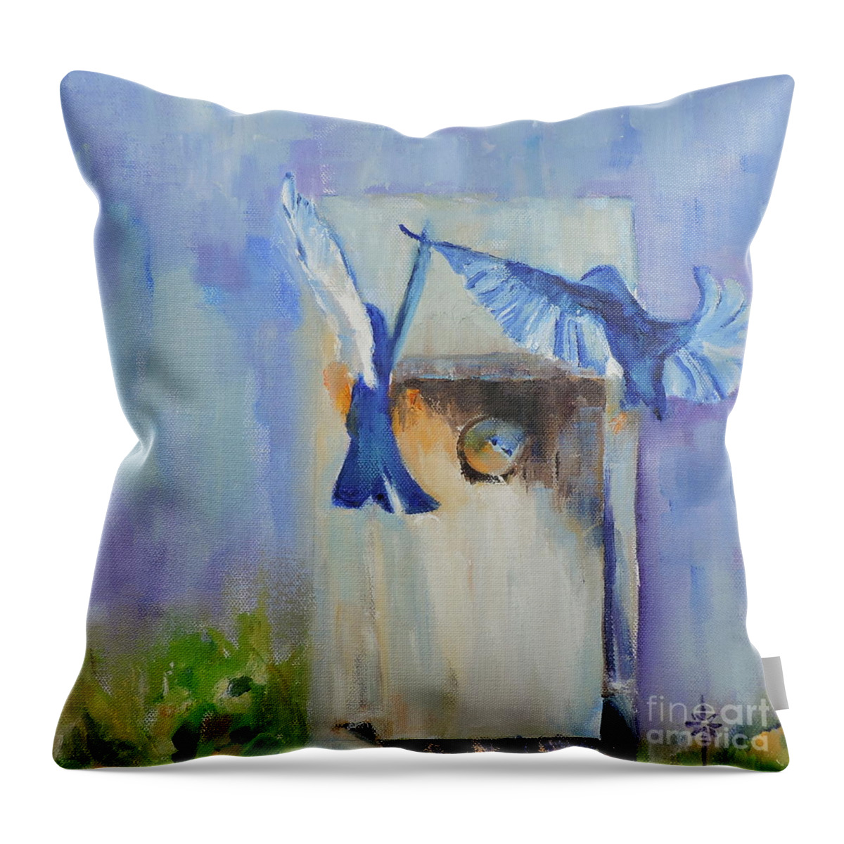 Bluebirds Throw Pillow featuring the painting The Family by Jodie Marie Anne Richardson Traugott     aka jm-ART