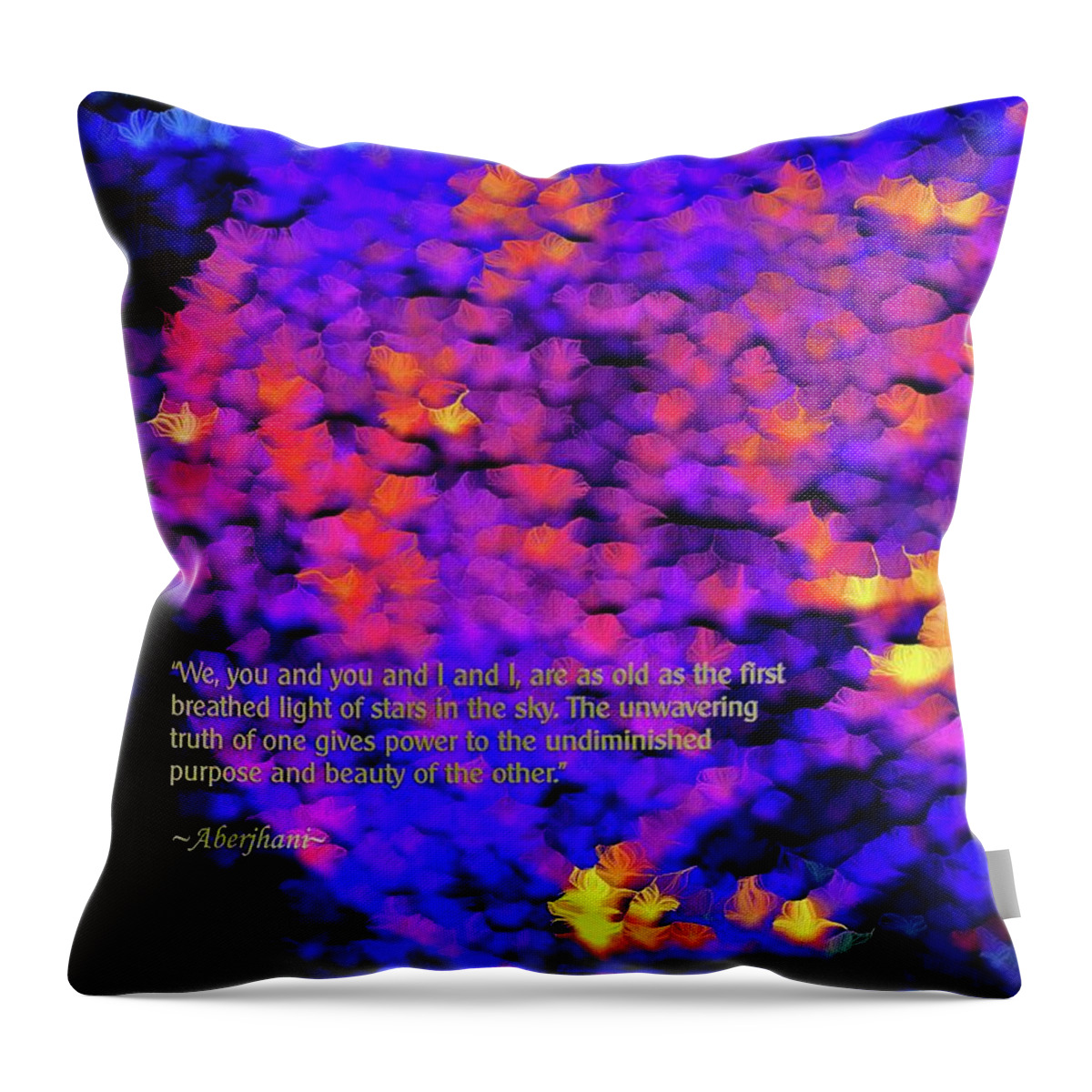 Silk-featherbrush Artstyle Throw Pillow featuring the mixed media The First Breathed Light of Stars in the Sky image with text by Aberjhani