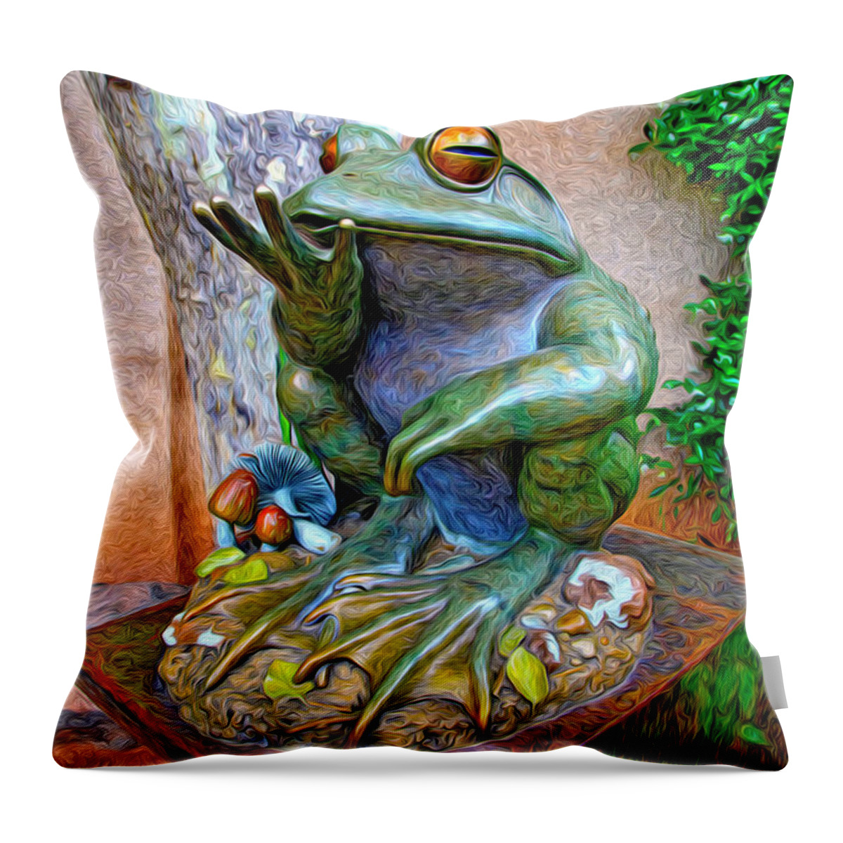 Fine Art Frog Photography. Frog Art. Wall Art Photography. Mixed Media Photography. Mixed Media Note Cards. Mixed Media Greeing Cards. Colord Frogs. Painted Frogs. Wall Art Frogs. Fine Art Frogs. Frogs. Fish. Water. Ponds. Frog Ponds. Water Fountion. Trees. Wall. Throw Pillow featuring the photograph The Frog by James Steele