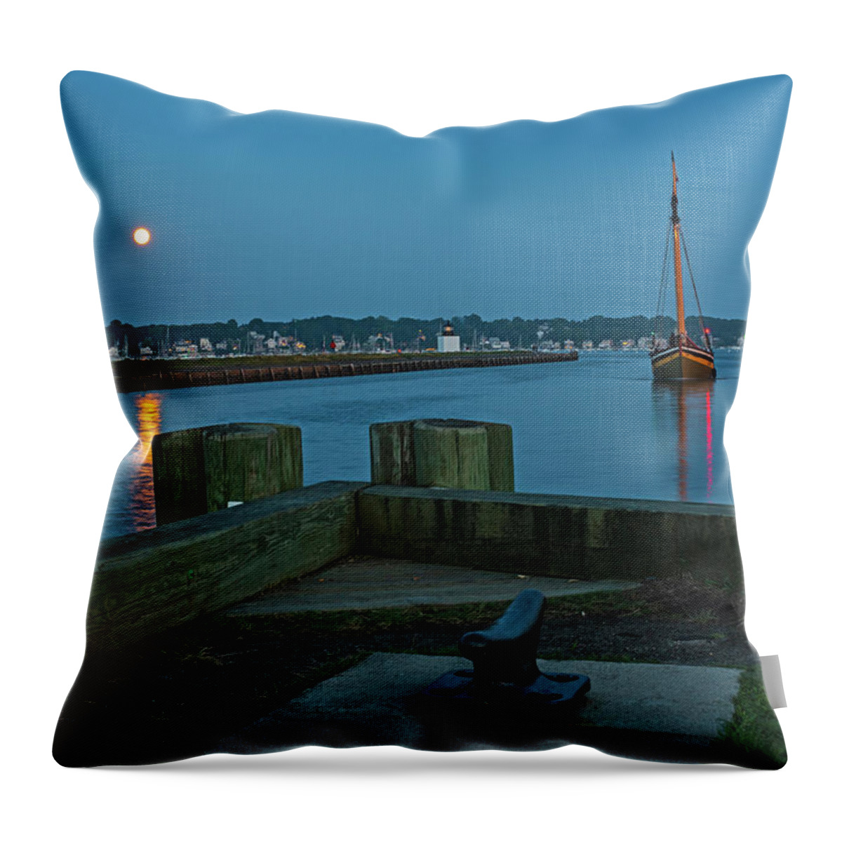 Salem Throw Pillow featuring the photograph The Full Moon Rises over Derby Wharf Salem Massachusetts by Toby McGuire