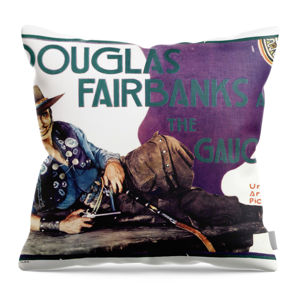 Douglas Throw Pillow featuring the mixed media ''The Gaucho'' - Douglas Fairbanks, 1927 by Movie World Posters