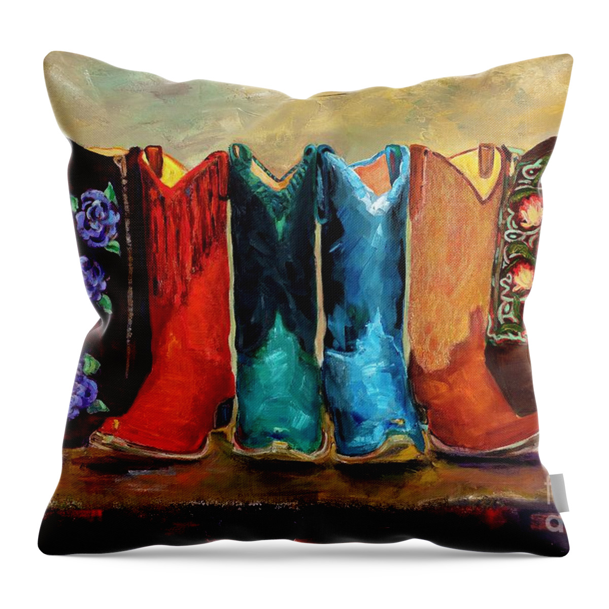 Cowboy Boots Throw Pillow featuring the painting The Girls Are Back In Town by Frances Marino