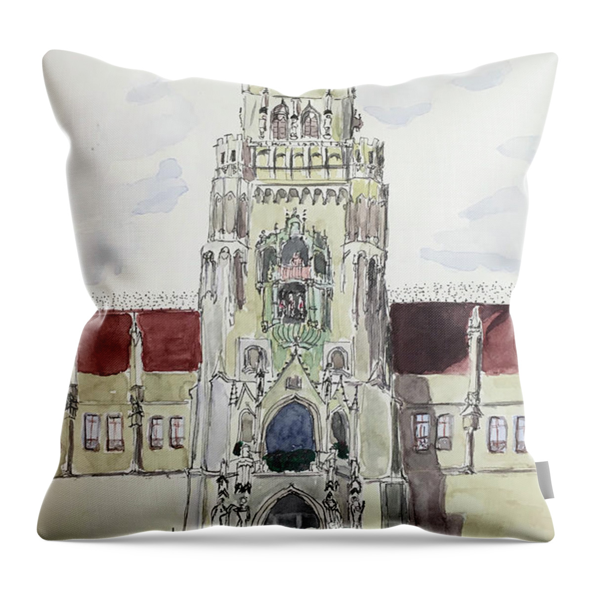 Rathaus Throw Pillow featuring the painting The Glockenspiel by Tracy Hutchinson