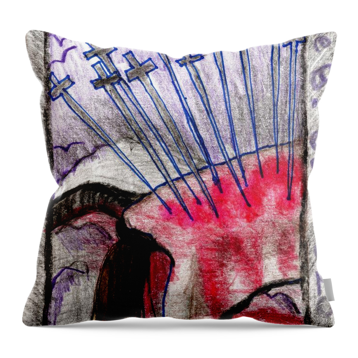 Tarot Throw Pillow featuring the drawing The Glowing Tarot Swords 10 by Sushila Burgess