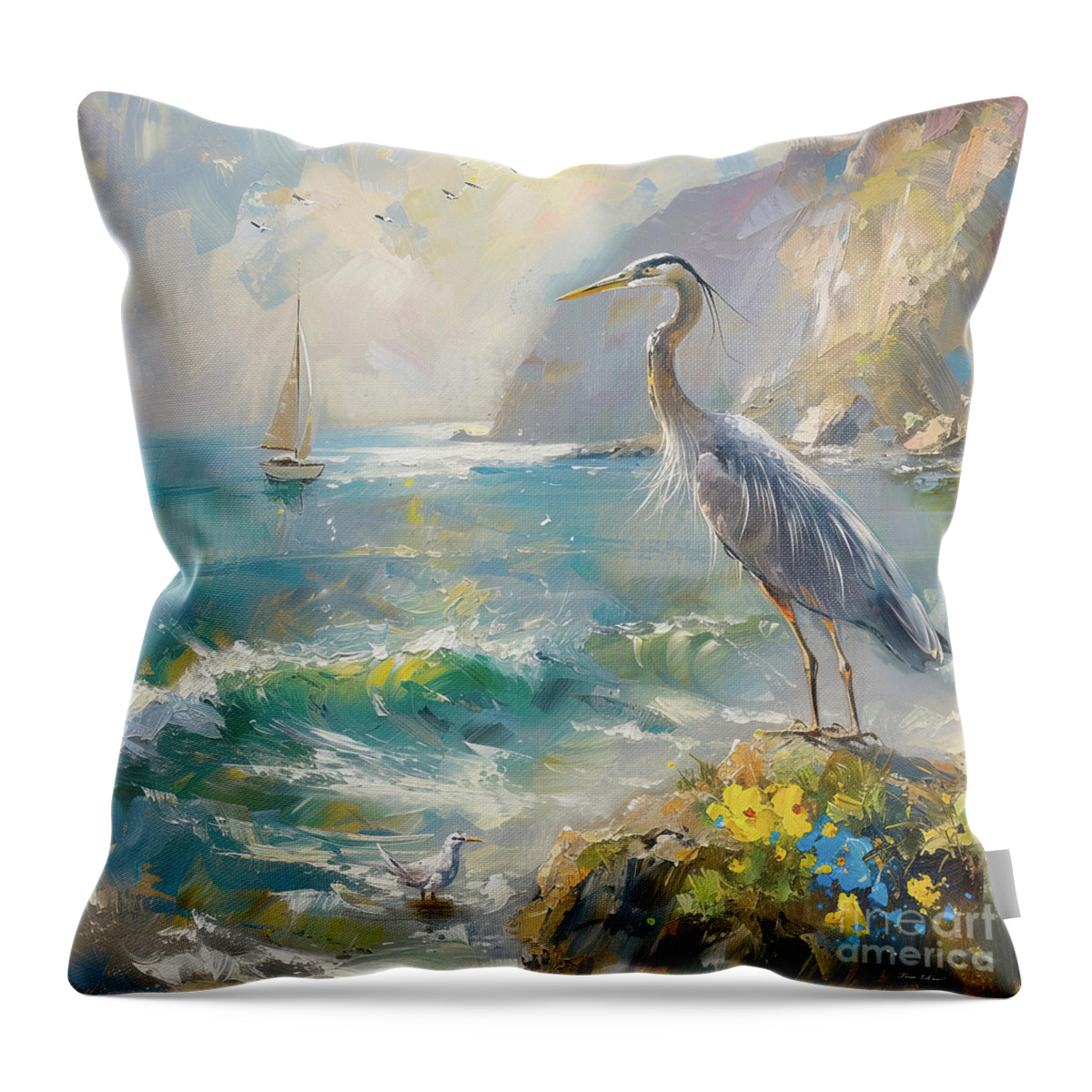Blue Heron Throw Pillow featuring the painting The Great Blue Heron by Tina LeCour