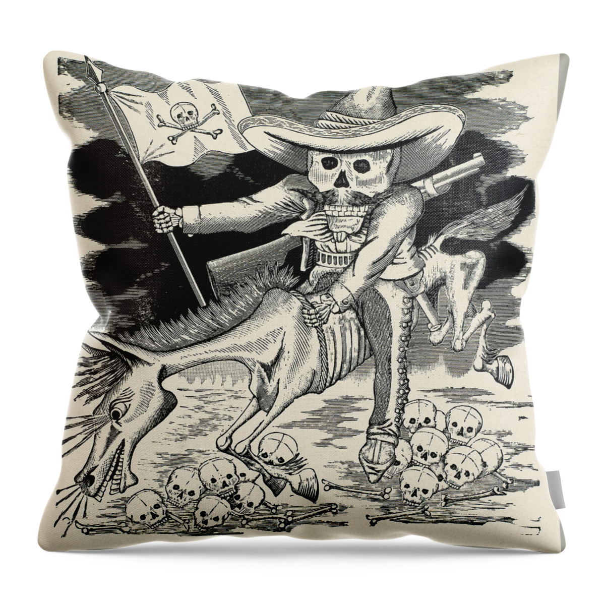 Jose Guadalupe Posada Throw Pillow featuring the painting The Great Skeleton of Emiliano Zapata by Jose Guadalupe Posada