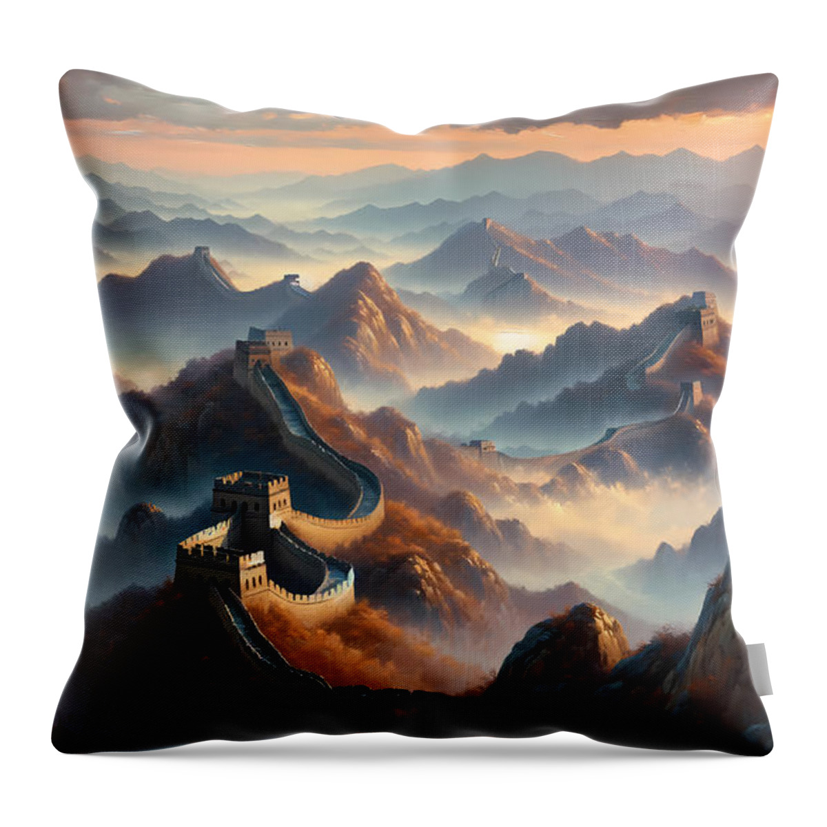 Great Wall Throw Pillow featuring the painting The Great Wall of China meandering through misty mountains at dawn by Jeff Creation