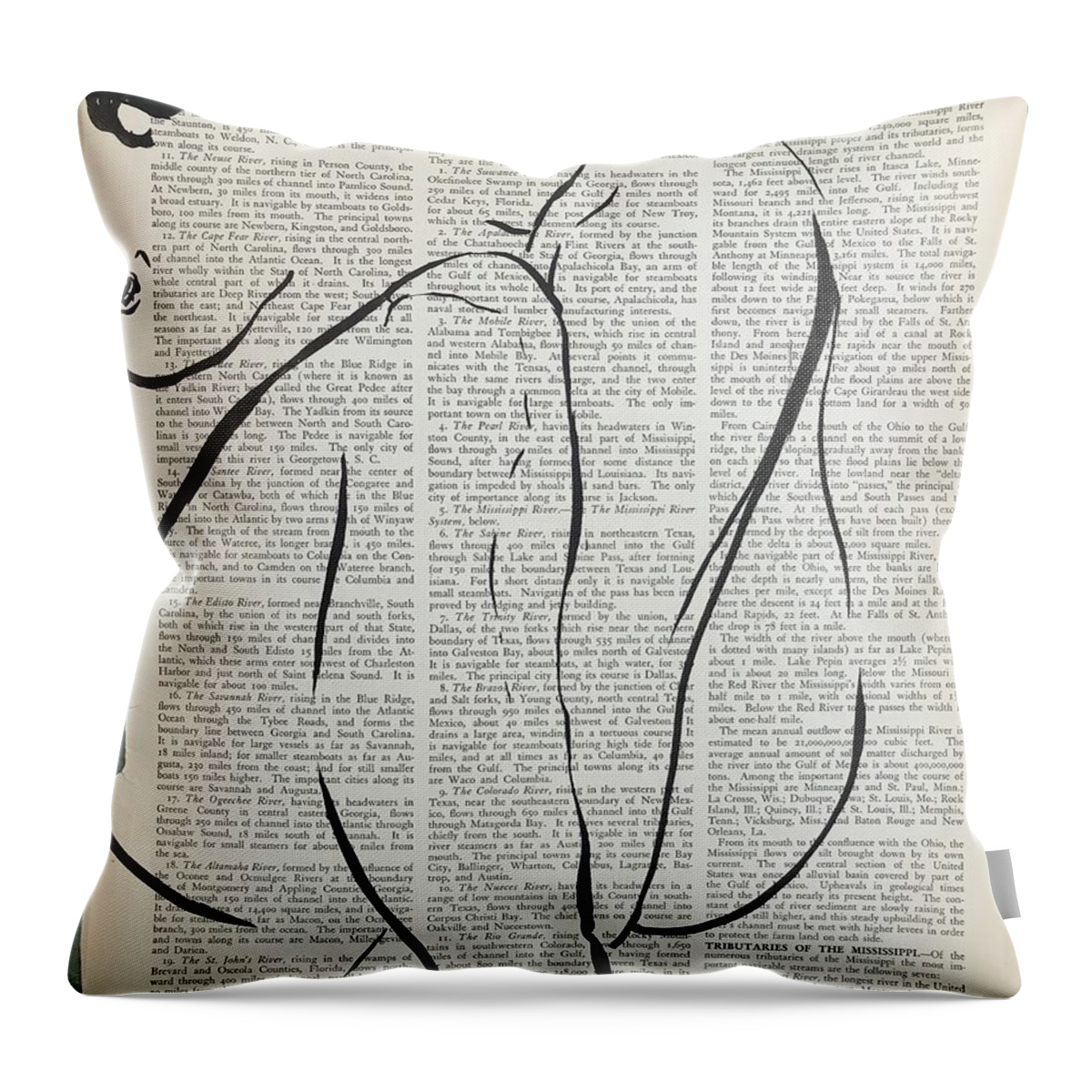 Sumi Ink Throw Pillow featuring the drawing The Gulf River System by M Bellavia