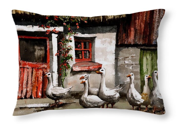 Geese Throw Pillow featuring the painting More feckin GEESE by Val Byrne
