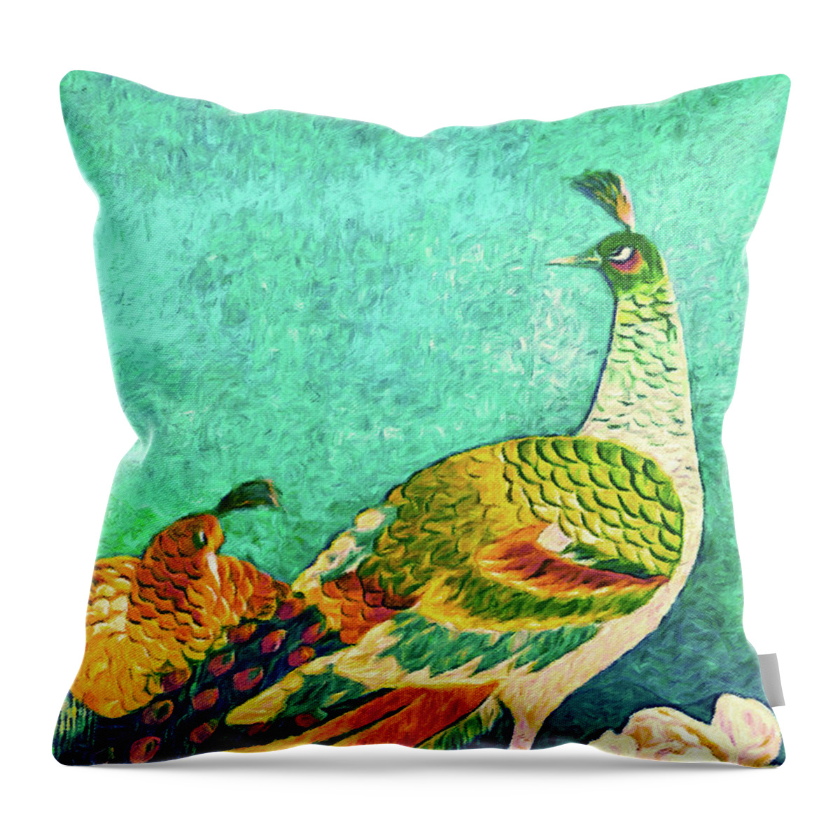 Handsome Peacock Throw Pillow featuring the tapestry - textile The Handsome Peacock - Kimono Series by Susan Maxwell Schmidt