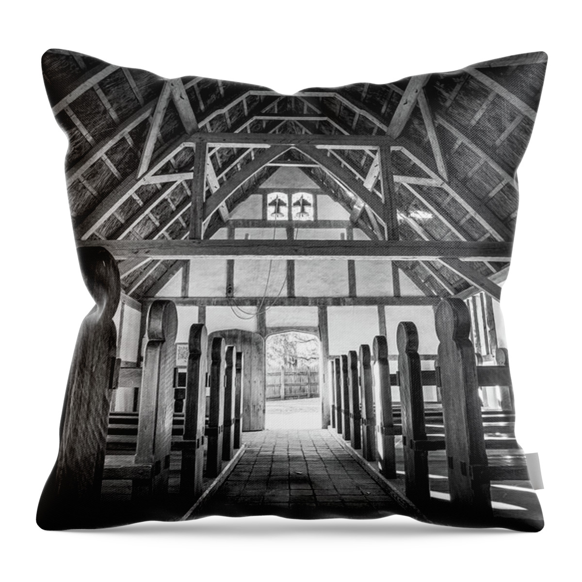 Church Throw Pillow featuring the photograph The Interior of Fort James' Anglican Church - Oil Painting Style - Black and White by Rachel Morrison