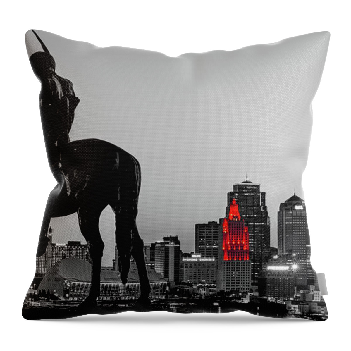 Kansas City Scout Throw Pillow featuring the photograph The Kansas City Scout Overlooking The Downtown Cityscape - Selective Color Panorama by Gregory Ballos