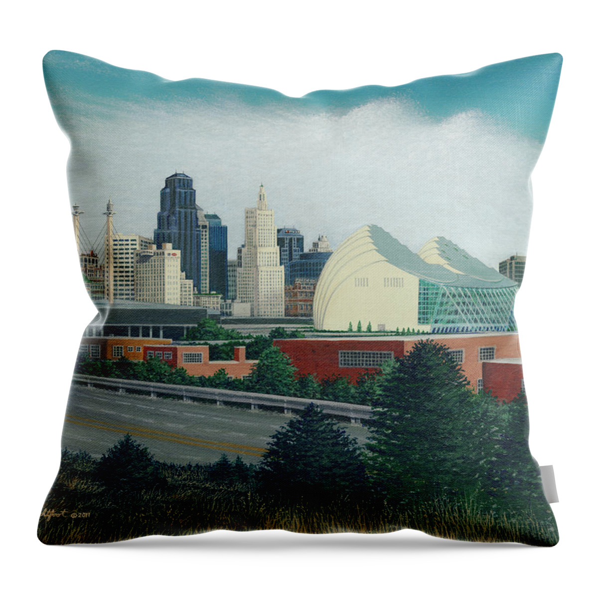 Architectural Cityscape Throw Pillow featuring the painting The Kauffman Center and K.C.Skyline by George Lightfoot