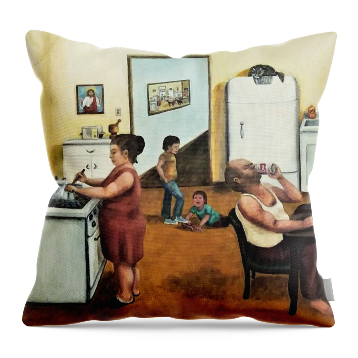 Family Life Throw Pillow featuring the painting The Kitchen by Olga Silverman