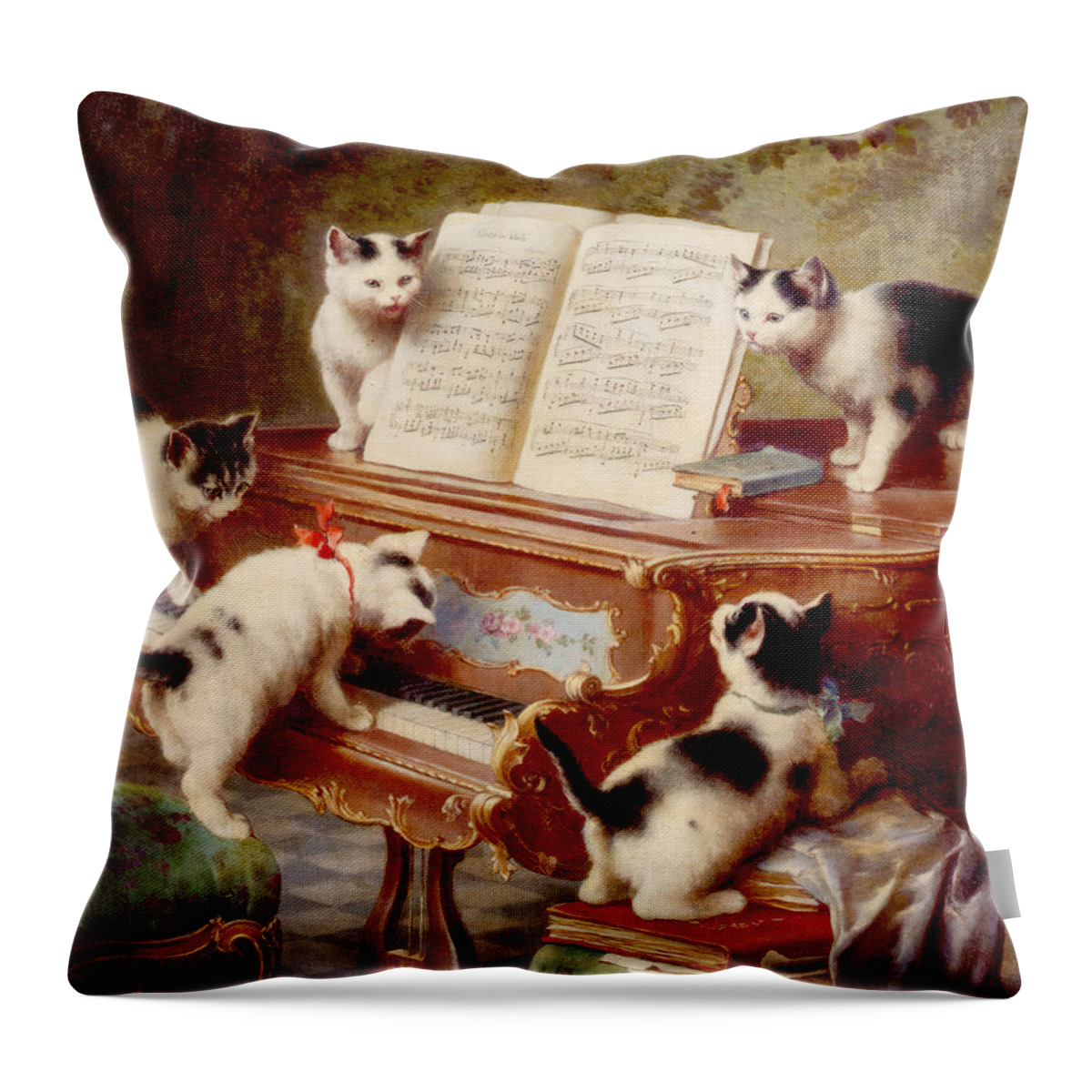 Carl Reichert Throw Pillow featuring the painting The Kittens Recital by Carl Reichert