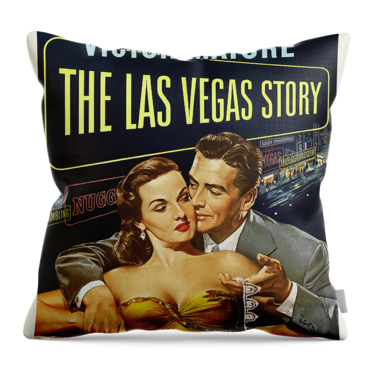Las Throw Pillow featuring the mixed media ''The Las Vegas Story'', with Jane Russell and Victor Mature, 1952 by Movie World Posters