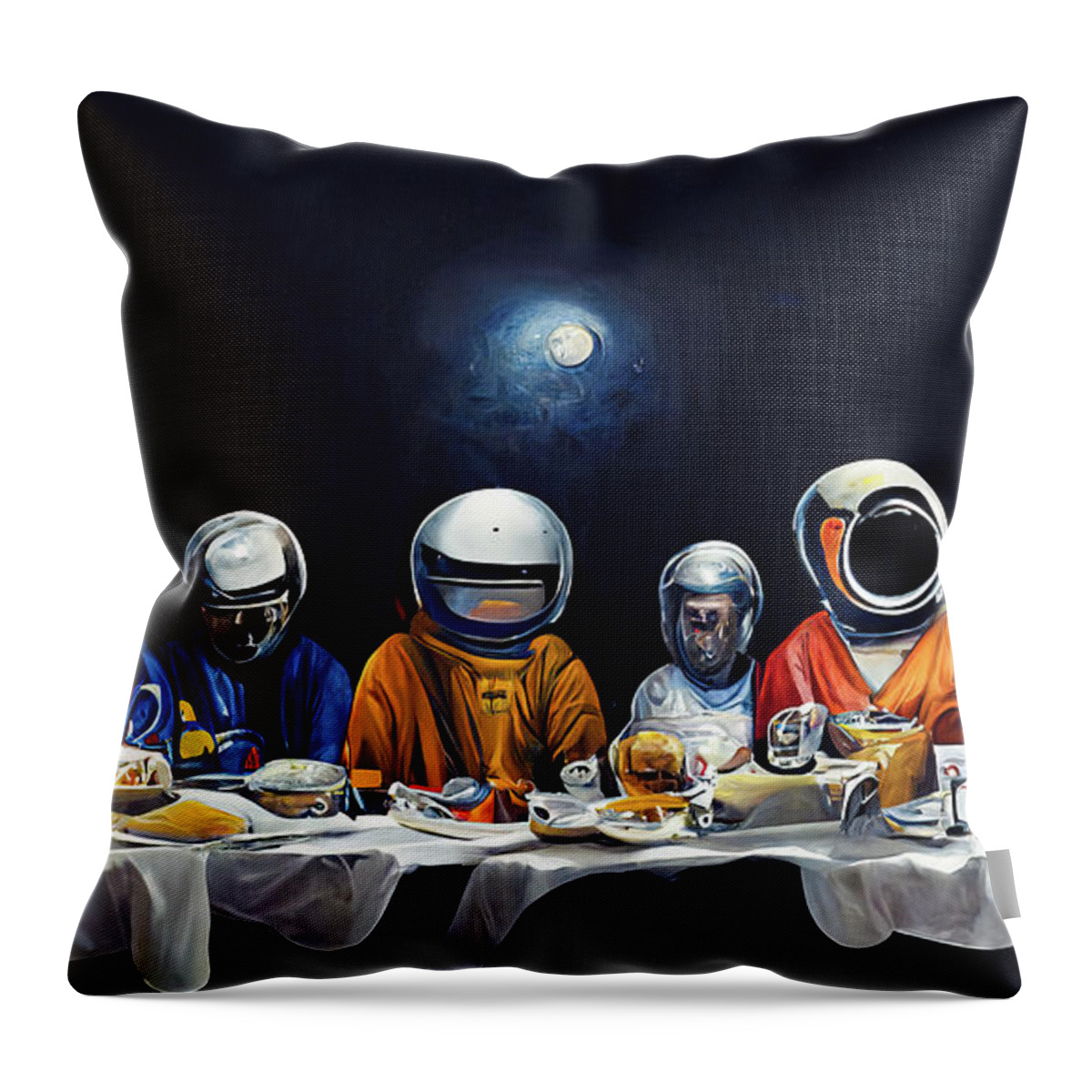Last Supper Throw Pillow featuring the digital art The last supper 01 astronauts eating their food by Matthias Hauser