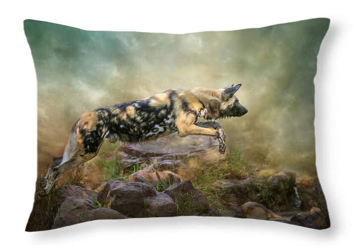 African Wild Dog Throw Pillow featuring the digital art The Leap by Nicole Wilde