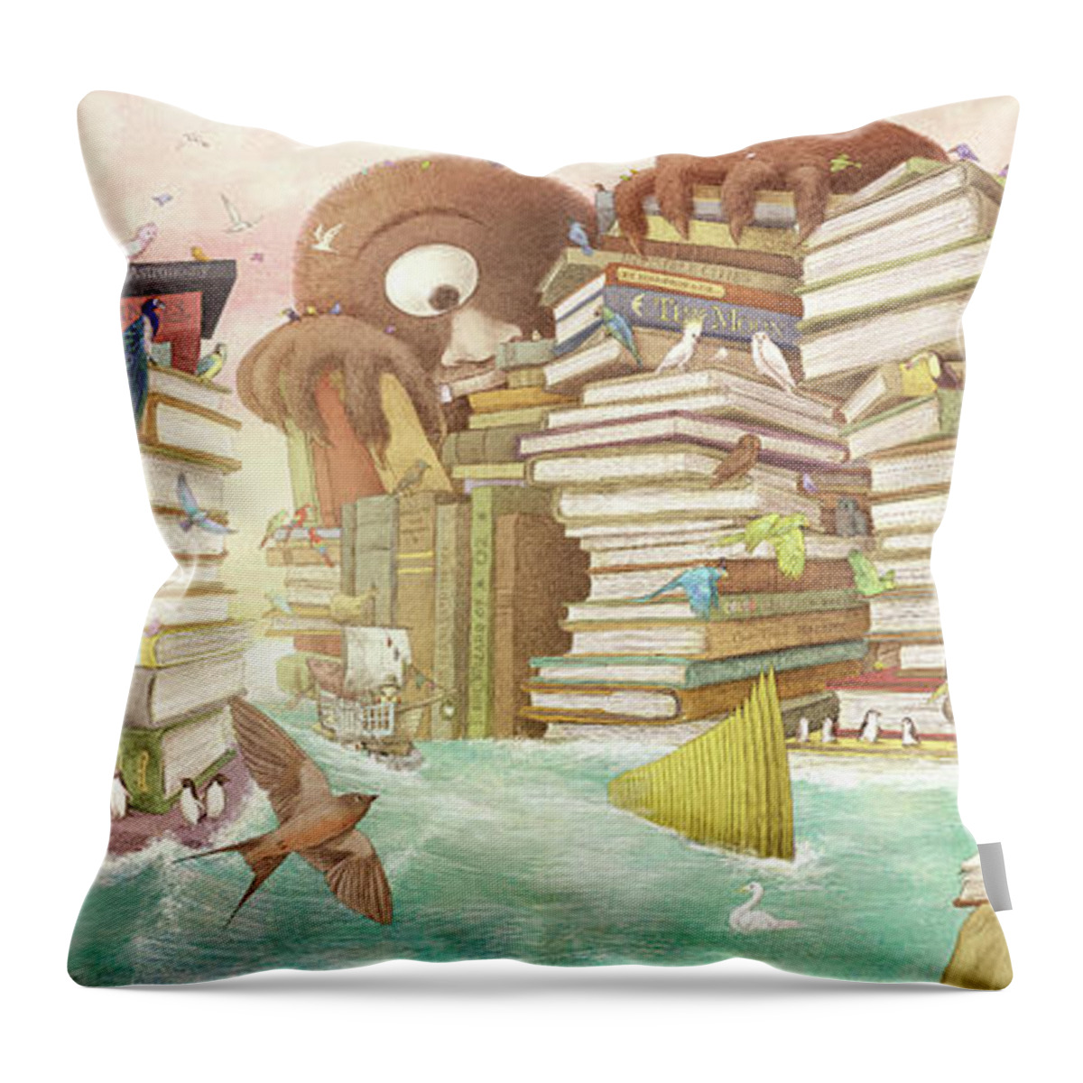 Birds Throw Pillow featuring the drawing The Library Islands by Eric Fan