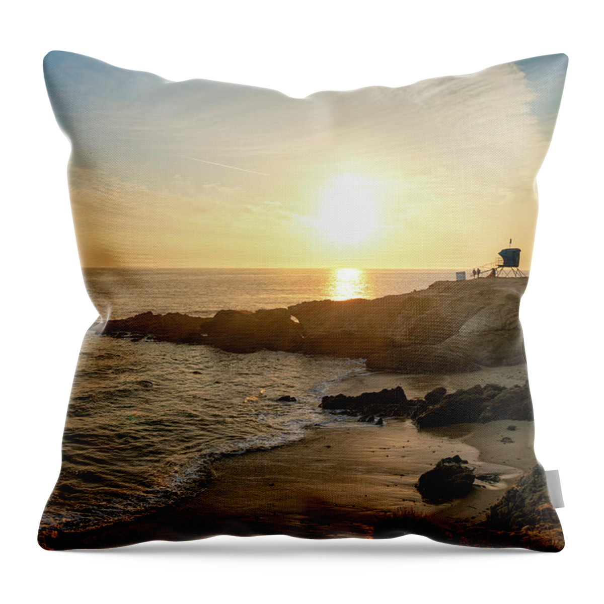 Beach Throw Pillow featuring the photograph The Lifeguard Tower at Leo Carrillo State Beach Before Sunset by Matthew DeGrushe