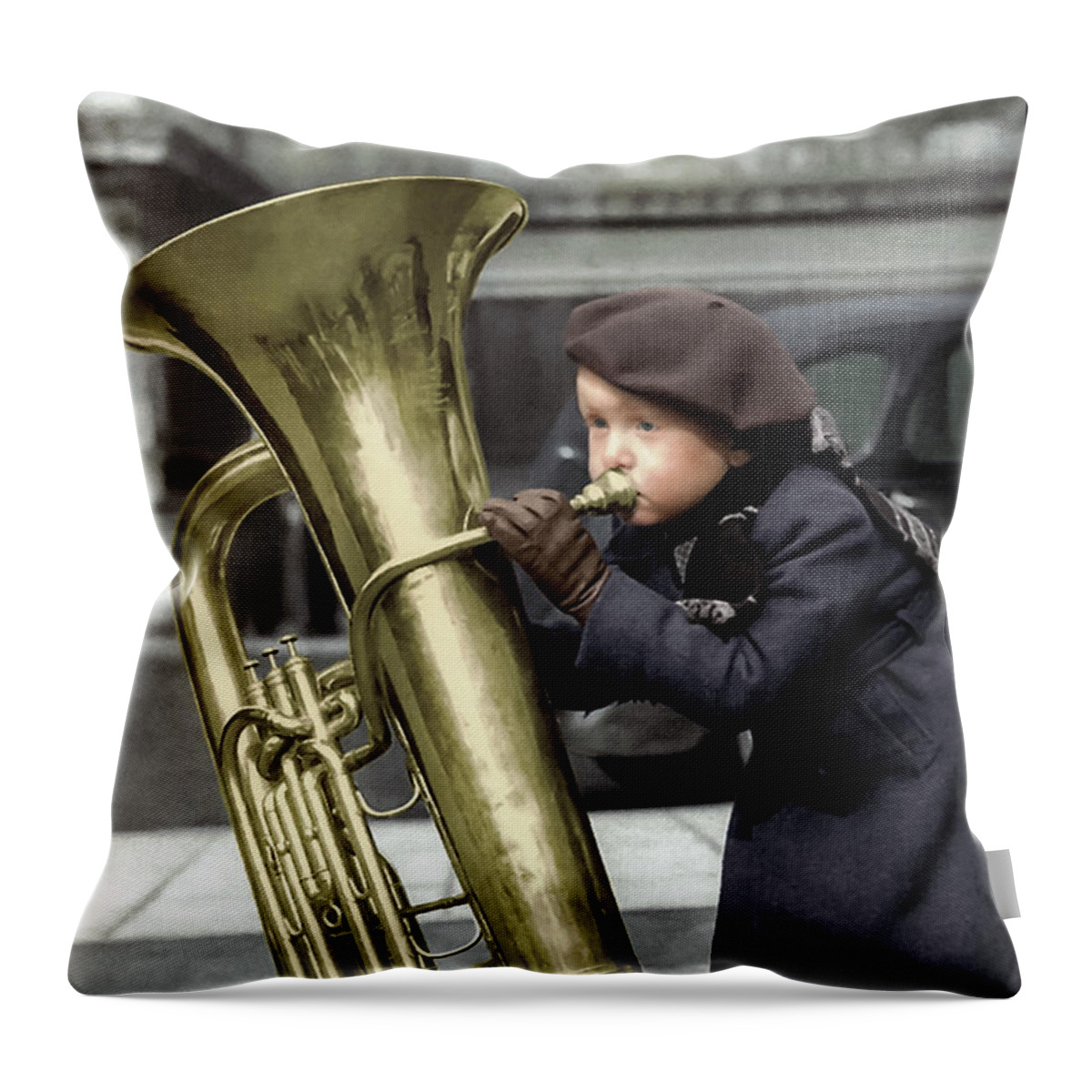 Music Throw Pillow featuring the pyrography The Little Boy Musician by Franchi Torres