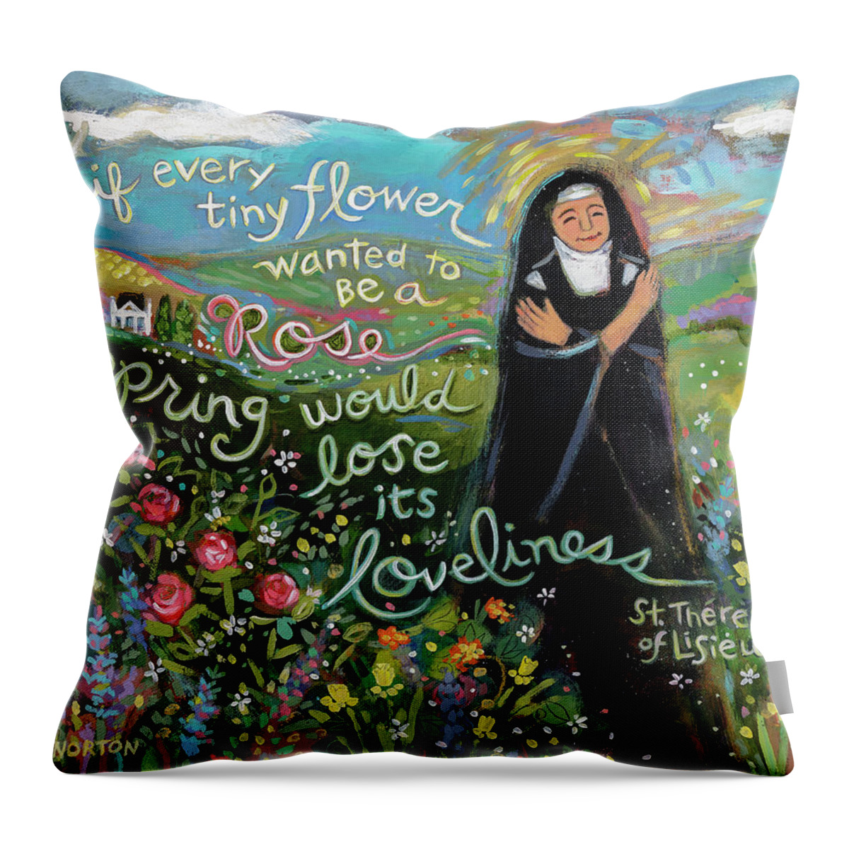 Jen Norton Throw Pillow featuring the painting The Little Flower, St. Therese of Lisieux by Jen Norton
