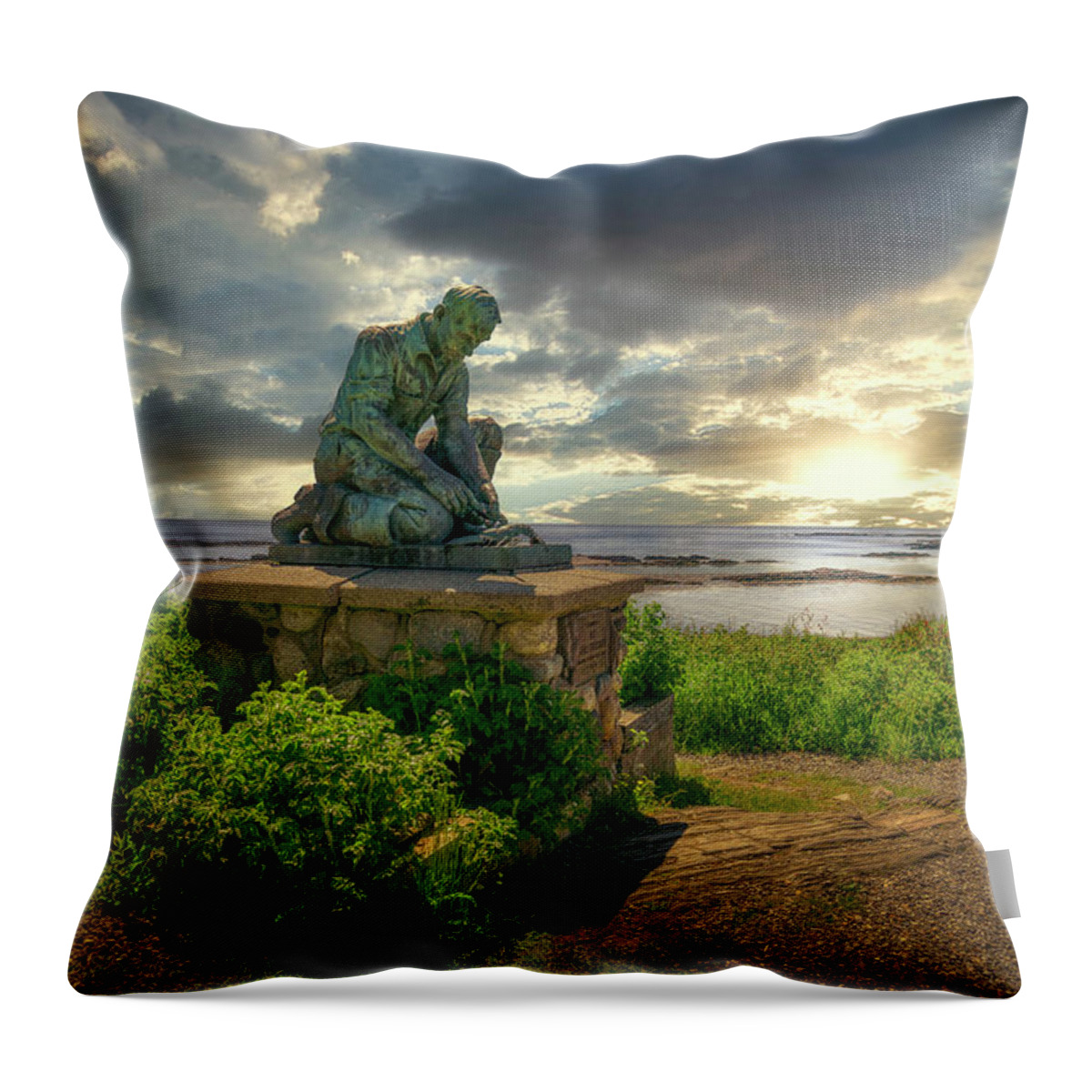 Fisherman’s Memorial Statue Throw Pillow featuring the photograph The Lobsterman by Penny Polakoff