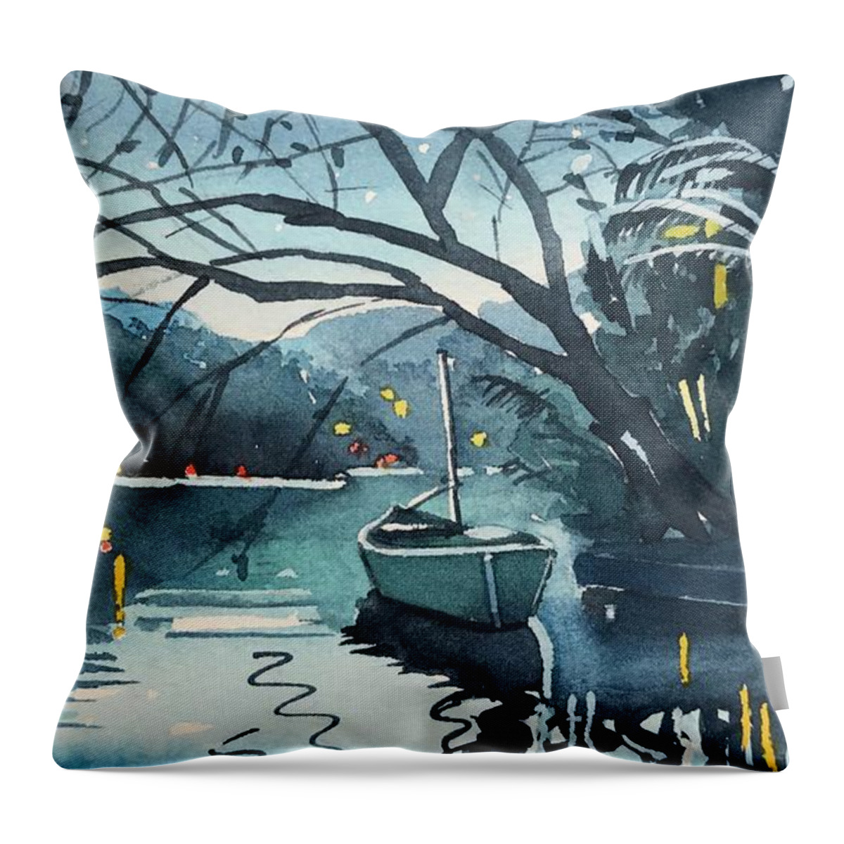 Canoe Throw Pillow featuring the painting The Lonely Canoe at Night. by Luisa Millicent