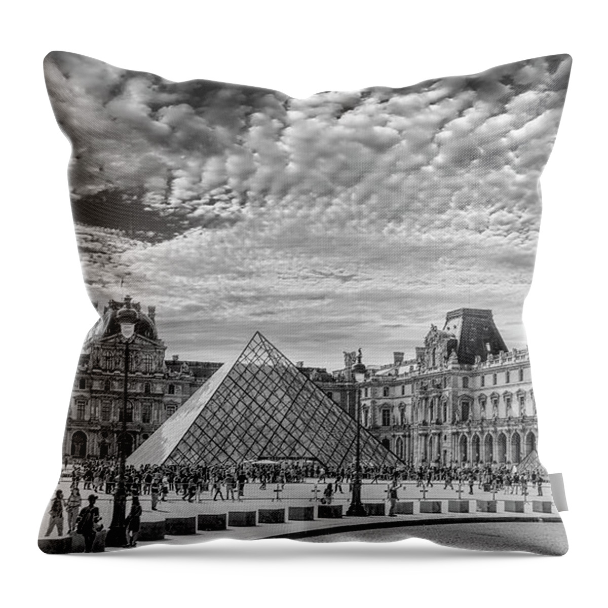 Louvre Pyramid Throw Pillow featuring the photograph The Louvre, A Black and White Panorama by Marcy Wielfaert
