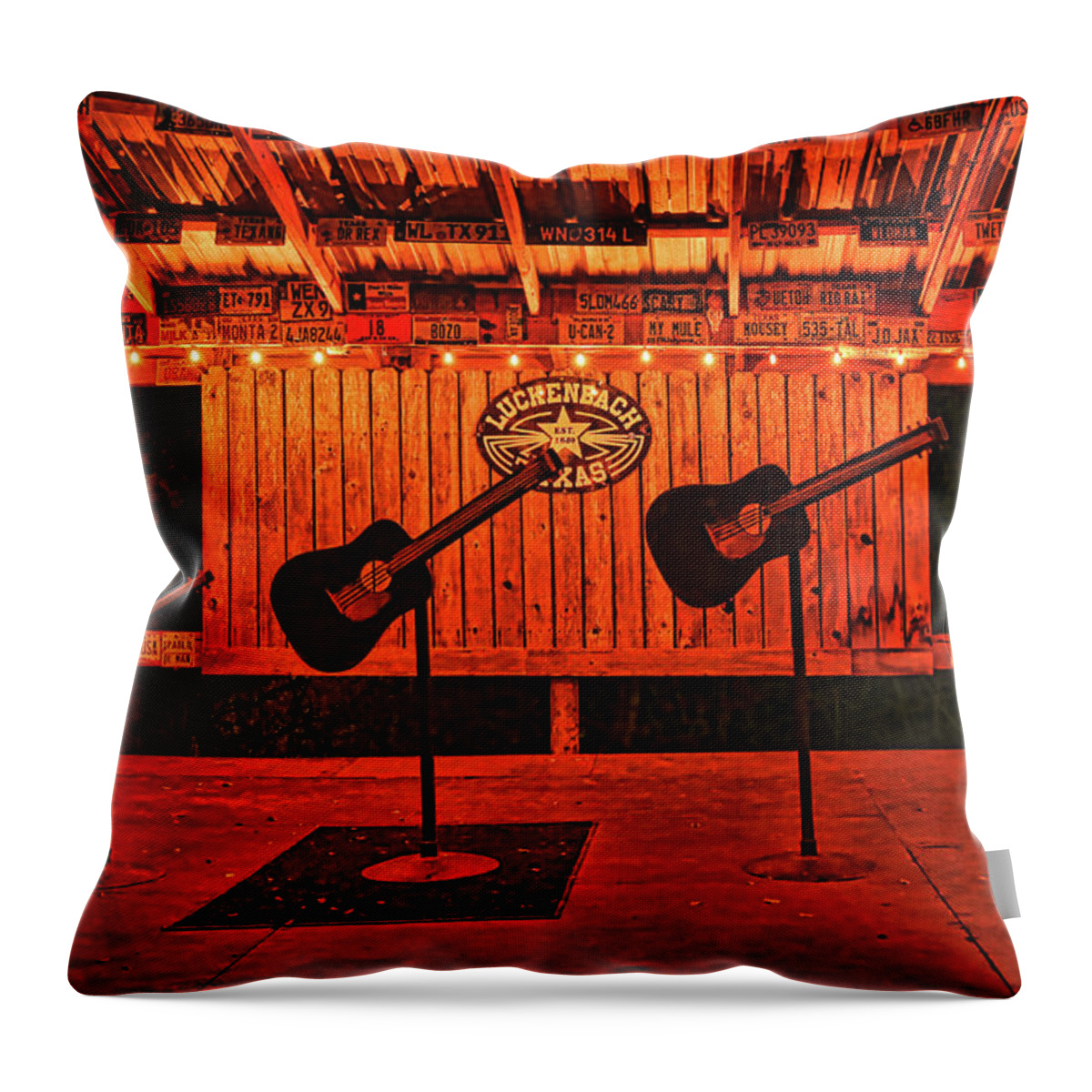 Luckenbach Throw Pillow featuring the photograph The Luckenbach Stage by Judy Vincent