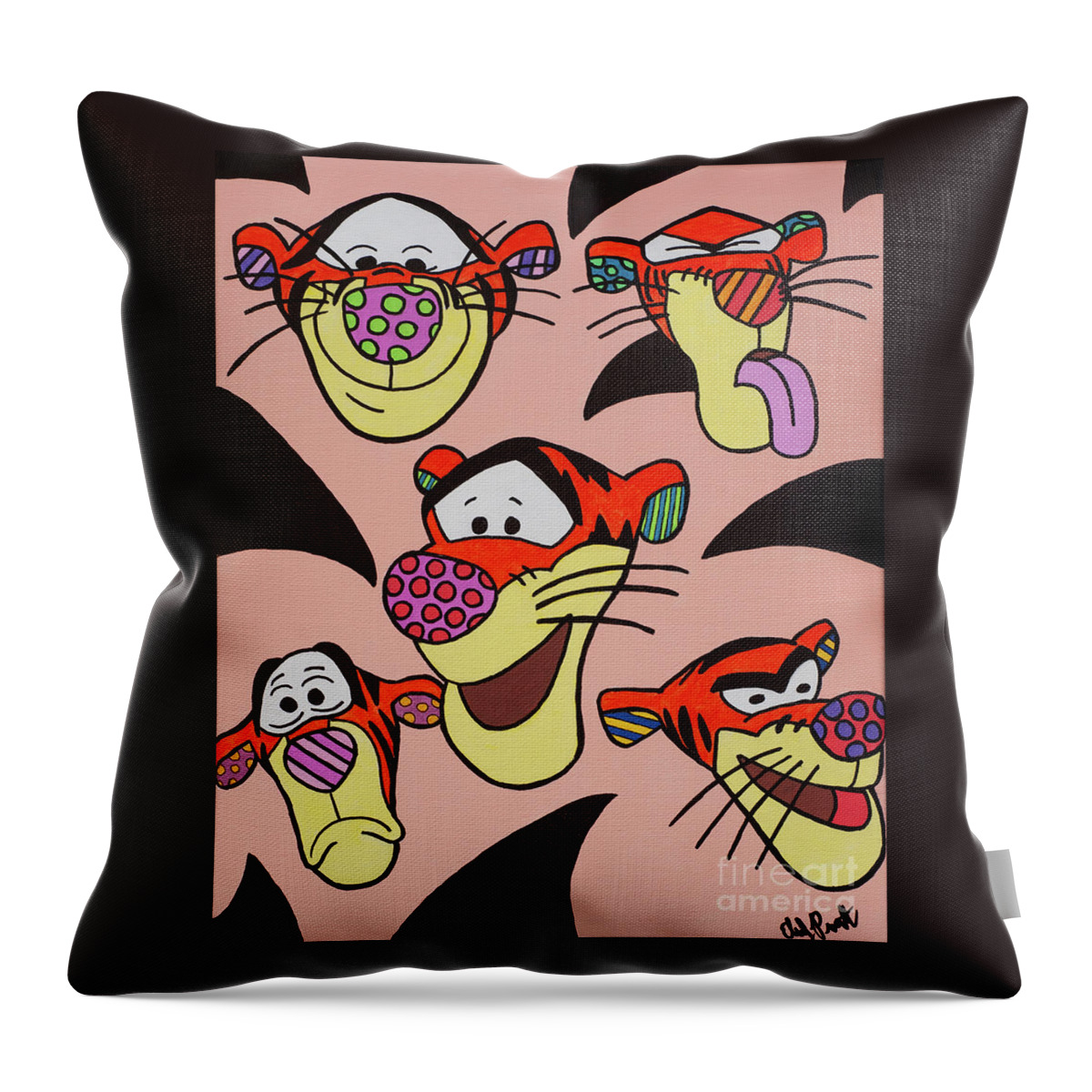 Elena Pratt Throw Pillow featuring the painting The Many Faces of T-I-Double G- Rrr by Elena Pratt