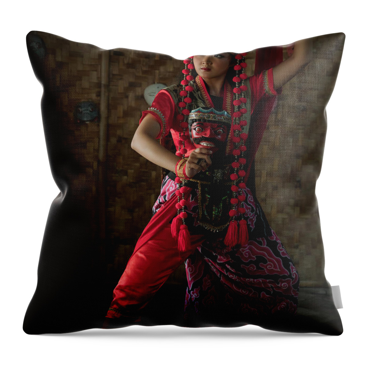 Mask Throw Pillow featuring the photograph The mask dancer by Anges Van der Logt