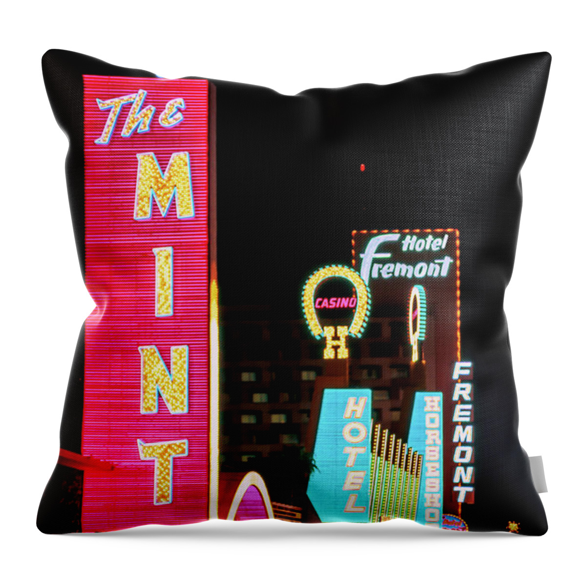 The Mint Casino Throw Pillow featuring the photograph The Mint and Horseshoe Casino Signs at Night by Aloha Art
