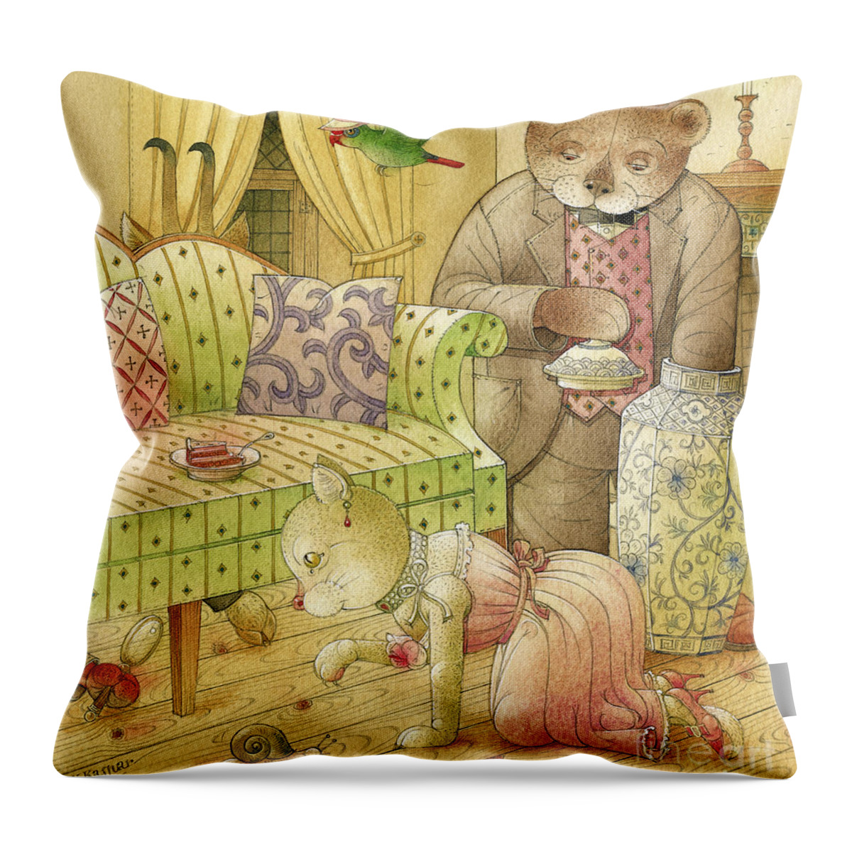 Bear Cat Parrot Goat Animals Crime Detective Investigation Dinner Party Picture Throw Pillow featuring the drawing The Missing Picture10 by Kestutis Kasparavicius
