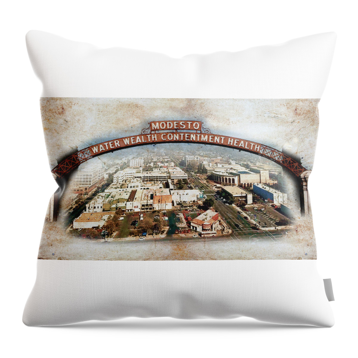 Modesto Throw Pillow featuring the digital art The Modesto Arch and a panorama of downtown Modesto, on old paper by Nicko Prints