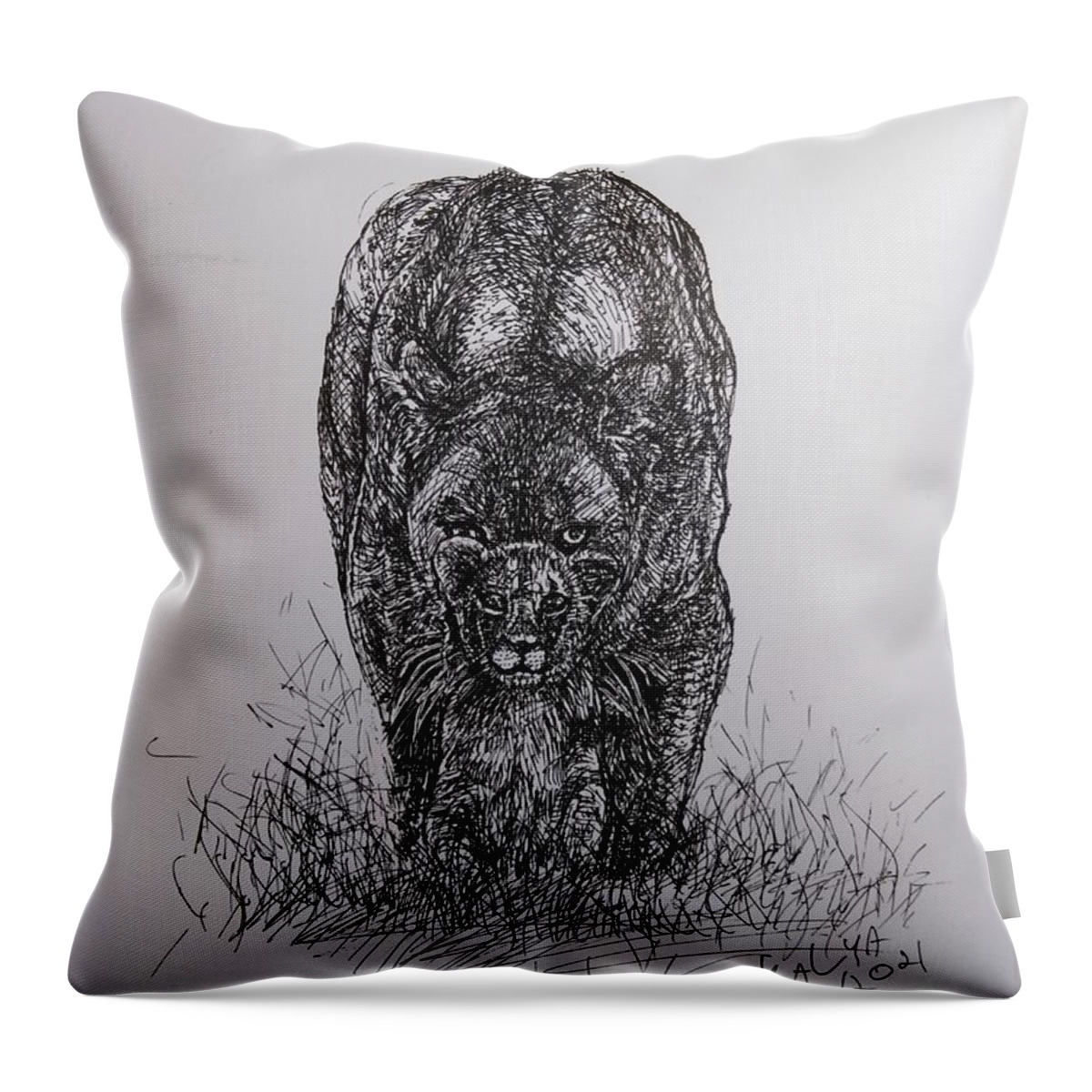  Lion Drawing Throw Pillow featuring the drawing The Mom Instinct by Sukalya Chearanantana