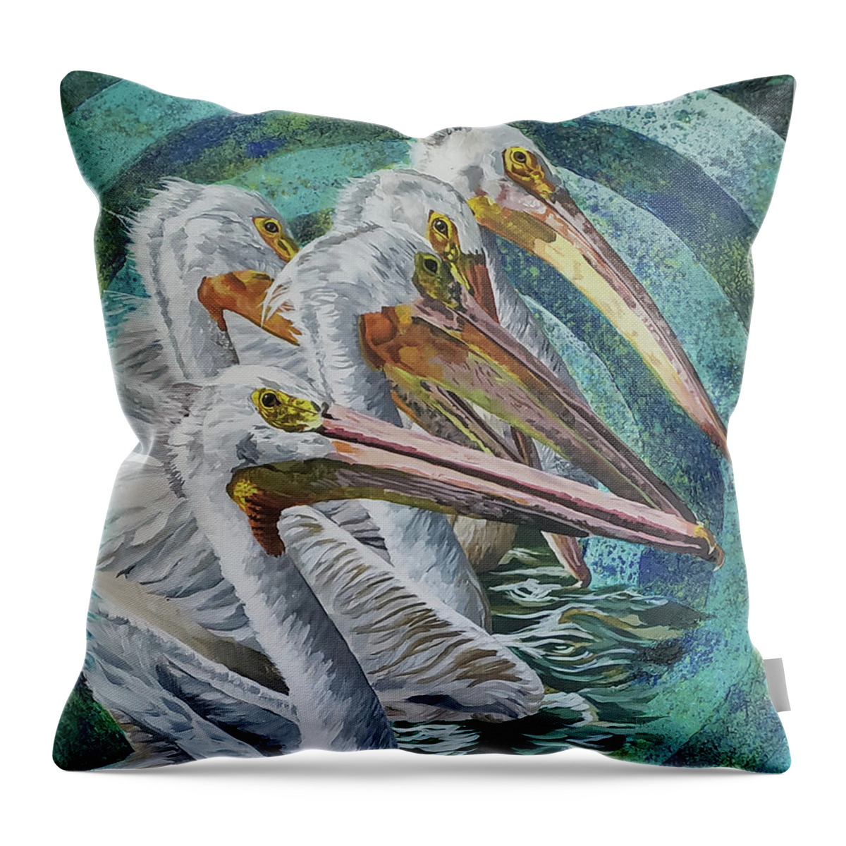 Pelicans Throw Pillow featuring the mixed media The Morning Commute by Shawn Conn