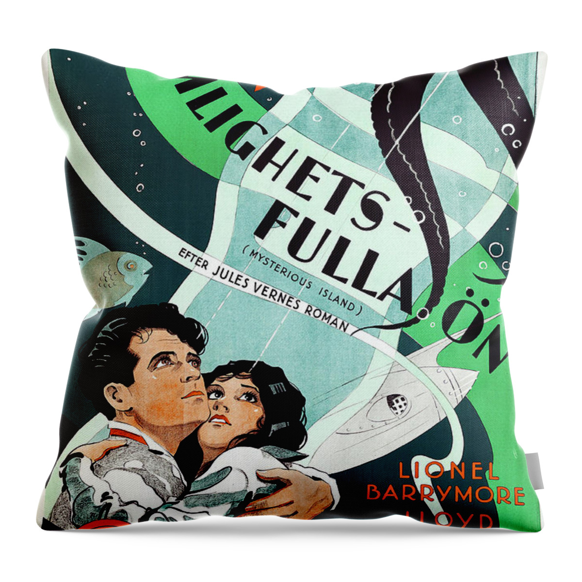 Synopsis Throw Pillow featuring the mixed media ''The Mysterious Island'', 1929 - art by Eric Rohman by Movie World Posters