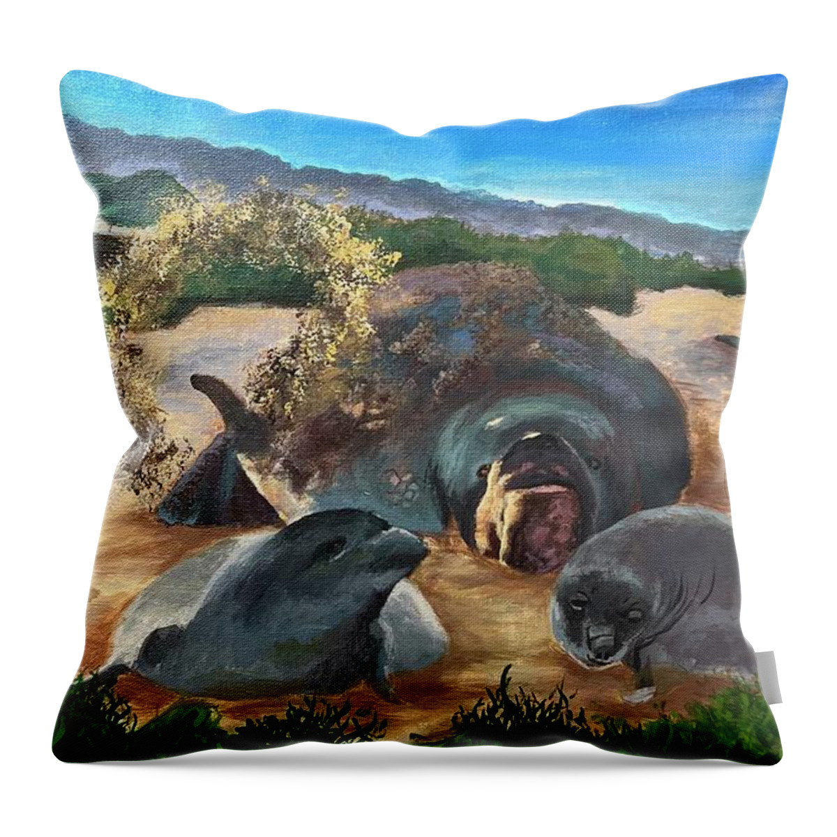 Elephant Seal Throw Pillow featuring the painting The Natural Sun Block for Elephant Seals by Sarah Du Grade 6 by California Coastal Commission