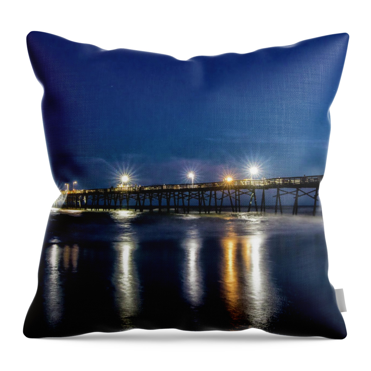 Fishing Pier At Night Throw Pillow featuring the photograph The Oceanana Fishing Pier at Night by Bob Decker