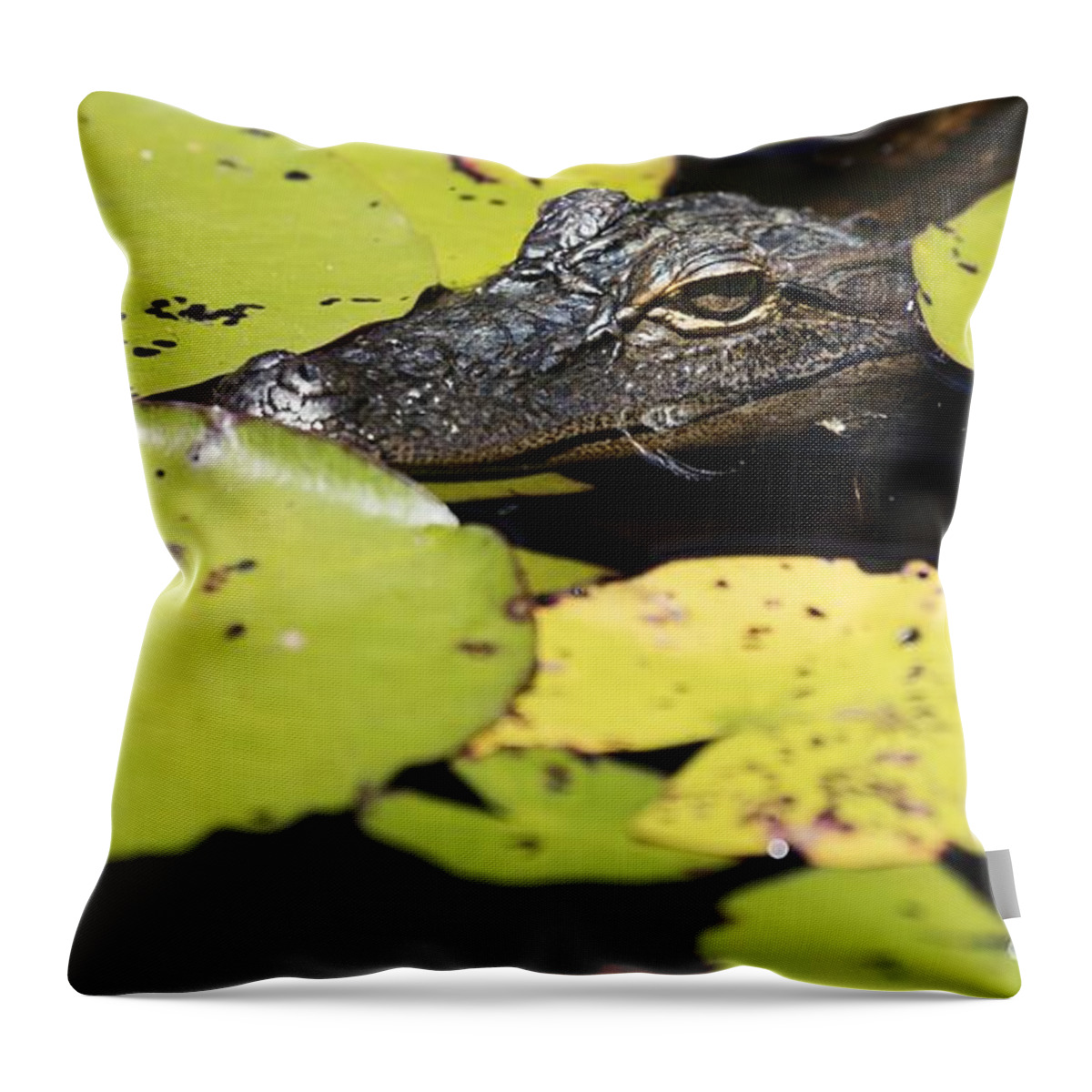 Alligator Throw Pillow featuring the painting The Okefenokee Swamp Park in Waycross Georgia by Les Classics