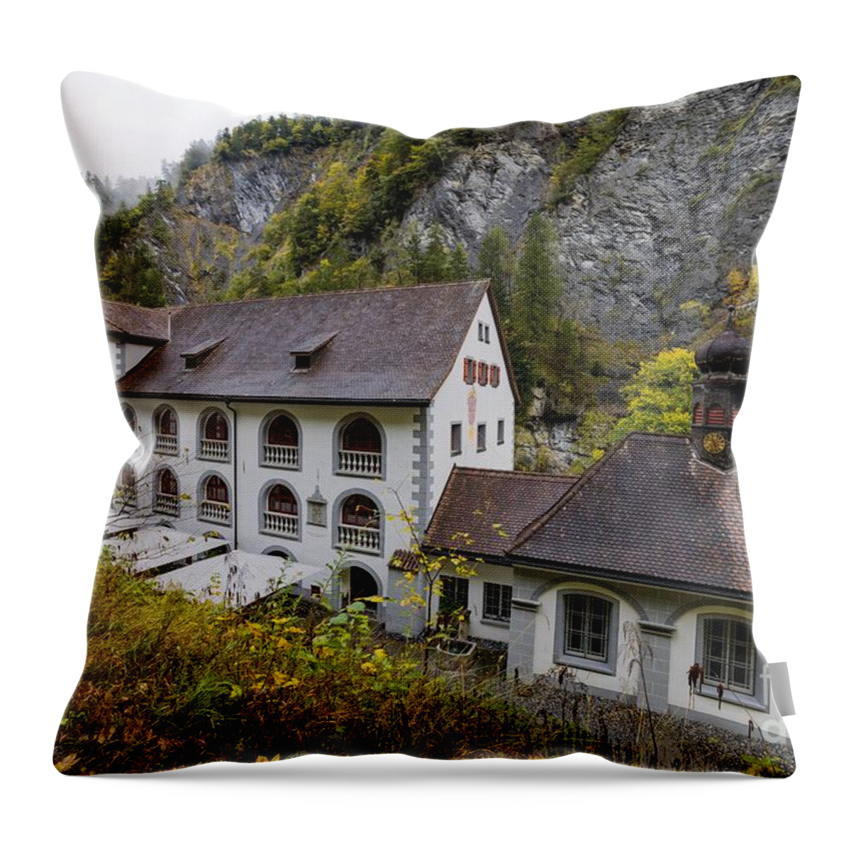Building Throw Pillow featuring the photograph The Old Bath House of Pfaefers by Eva Lechner