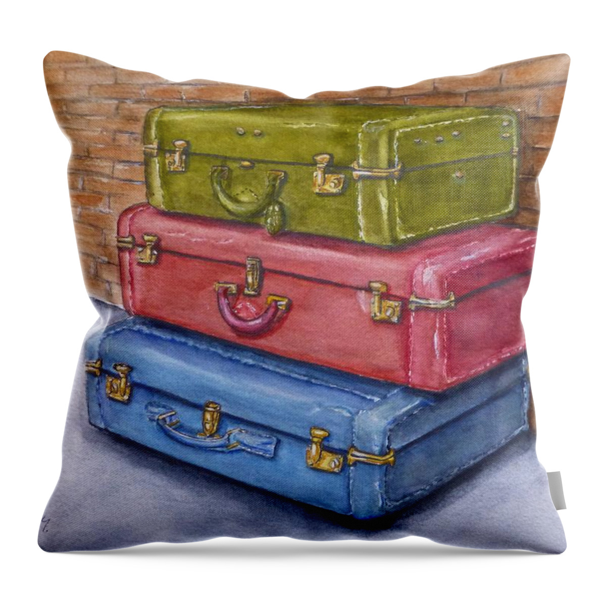 Old Suitcases Throw Pillow featuring the painting The Old Suitcases by Kelly Mills