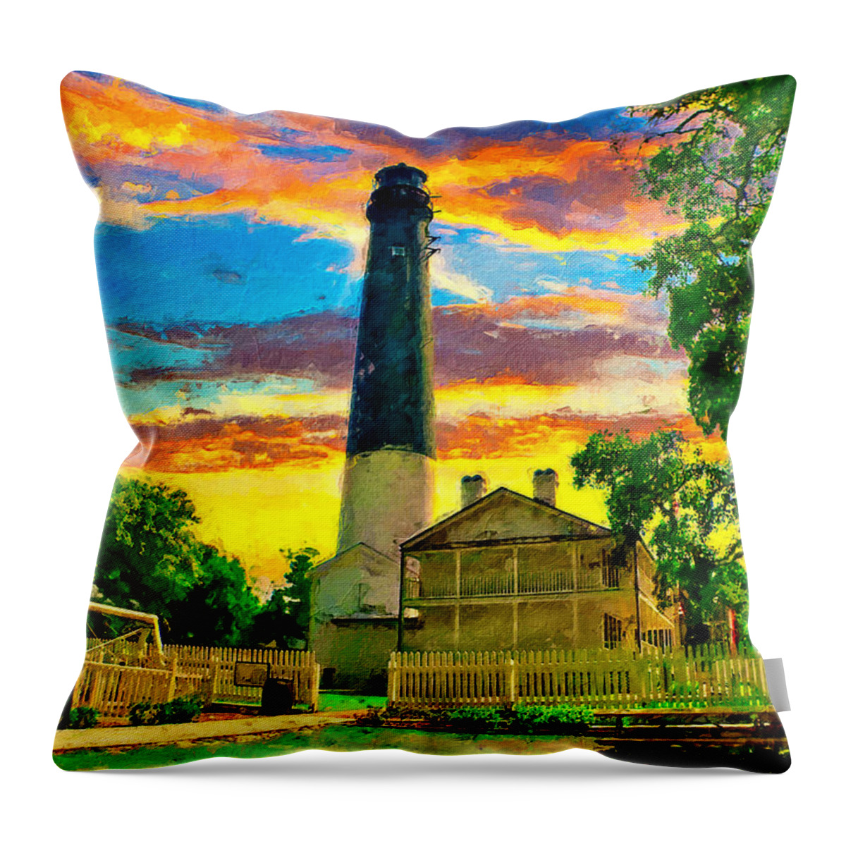Pensacola Lighthouse Throw Pillow featuring the digital art The Pensacola lighthouse and maratime museum at sunset - digital painting by Nicko Prints
