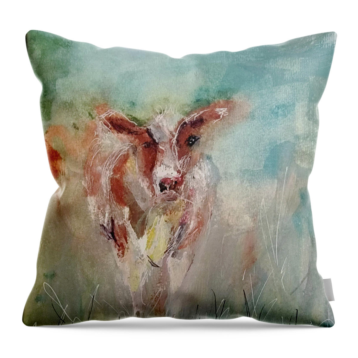 Bethany Throw Pillow featuring the painting The Petting Pet Cow by Lisa Kaiser