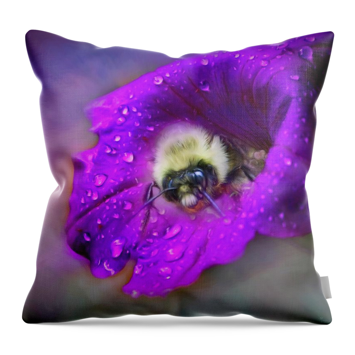 Textures Throw Pillow featuring the photograph The Petunia and the Bee by Marjorie Whitley