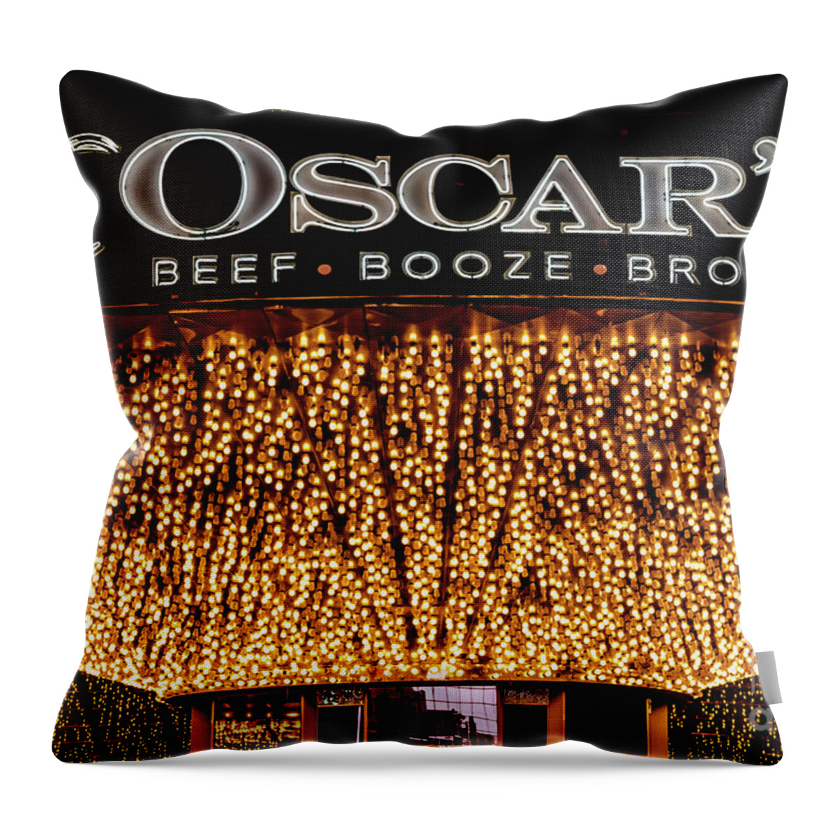 Oscars Las Vegas Throw Pillow featuring the photograph The Plaza Casino Oscars Lights and Sign at Night by Aloha Art