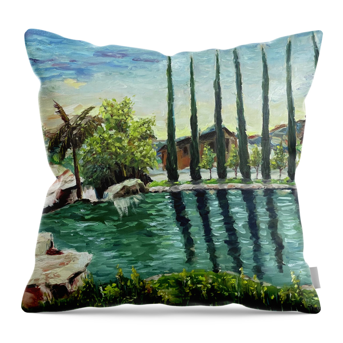 Gershon Bachus Vintners Throw Pillow featuring the painting The Pond at Gershon Bachus Vintners Temecula by Roxy Rich