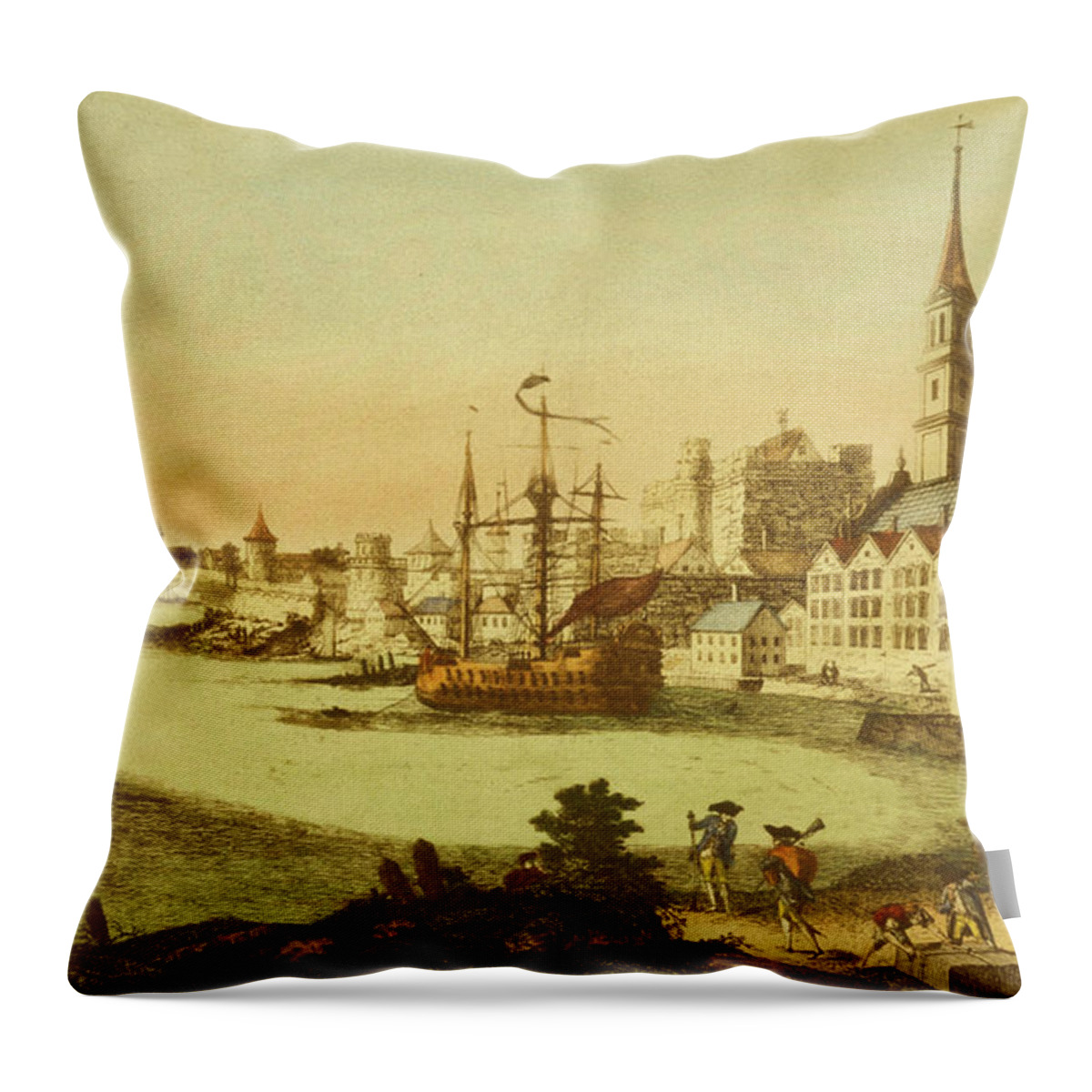 Boston Throw Pillow featuring the drawing The Port of Boston by Vintage Places